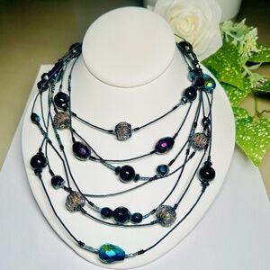 Chico’s Multi-Strand Iridescent and Black Beaded Cord Station Necklace